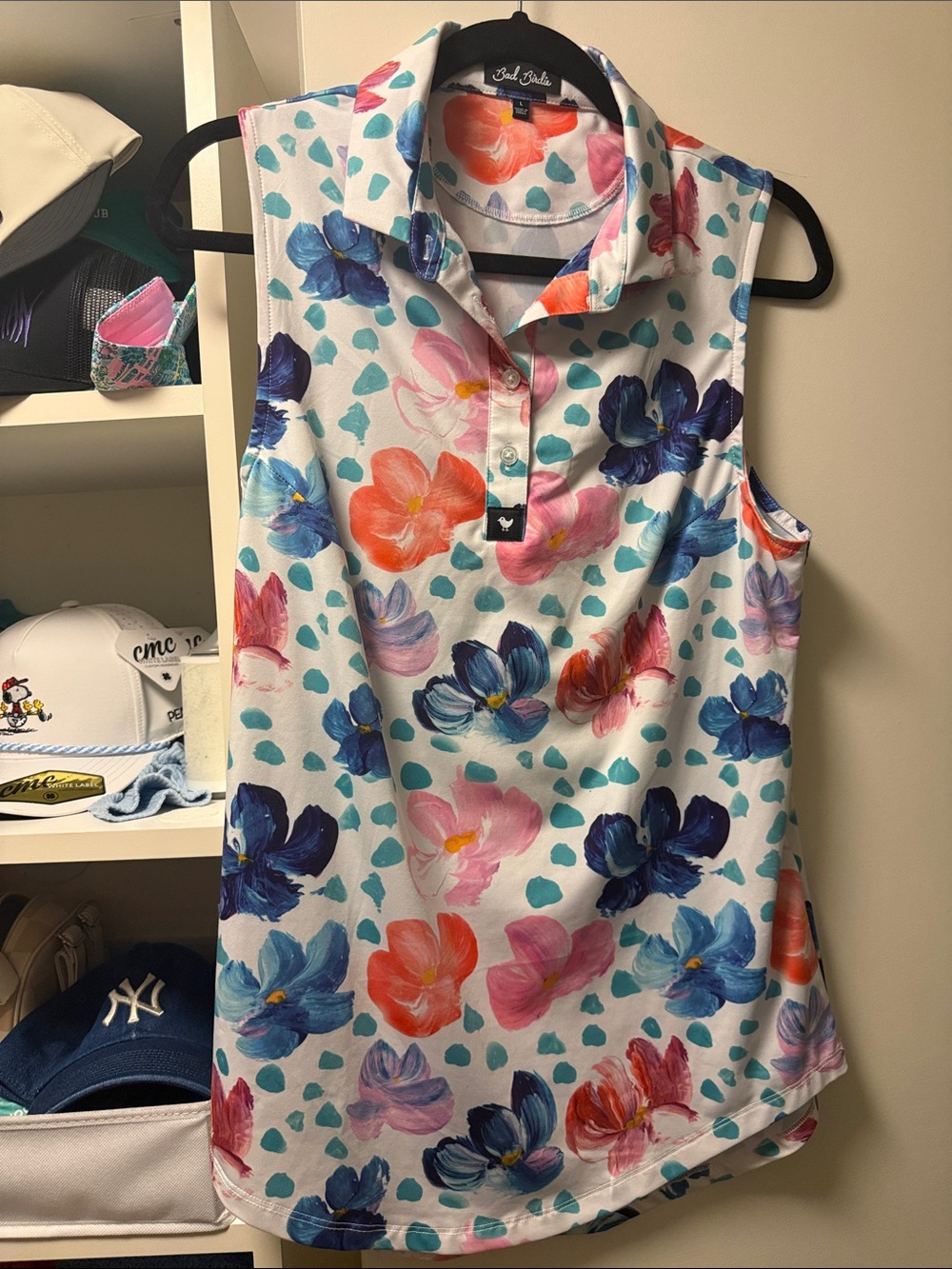 Bad Birdie Sleeveless Floral Polo Top in White with Blue & Pink Flowers